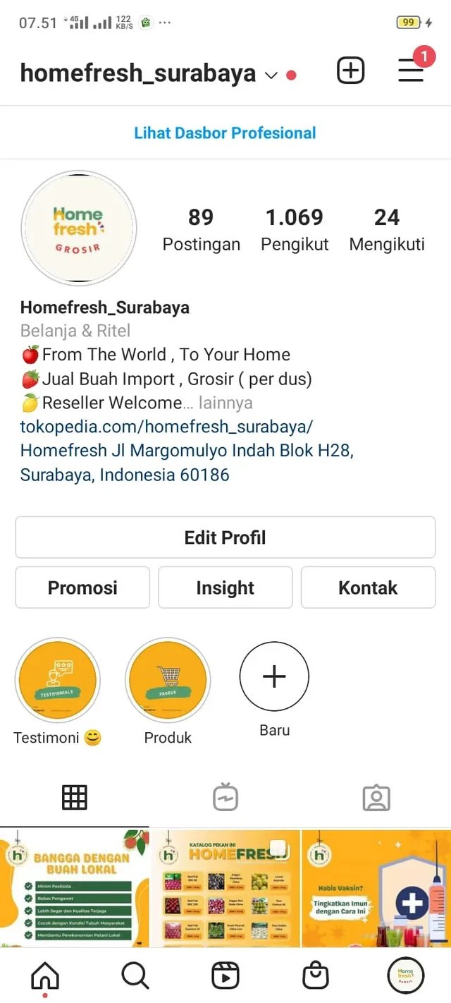 Profil Instagram Homefresh Surabaya sebelum kampanye — 1.069 pengikut