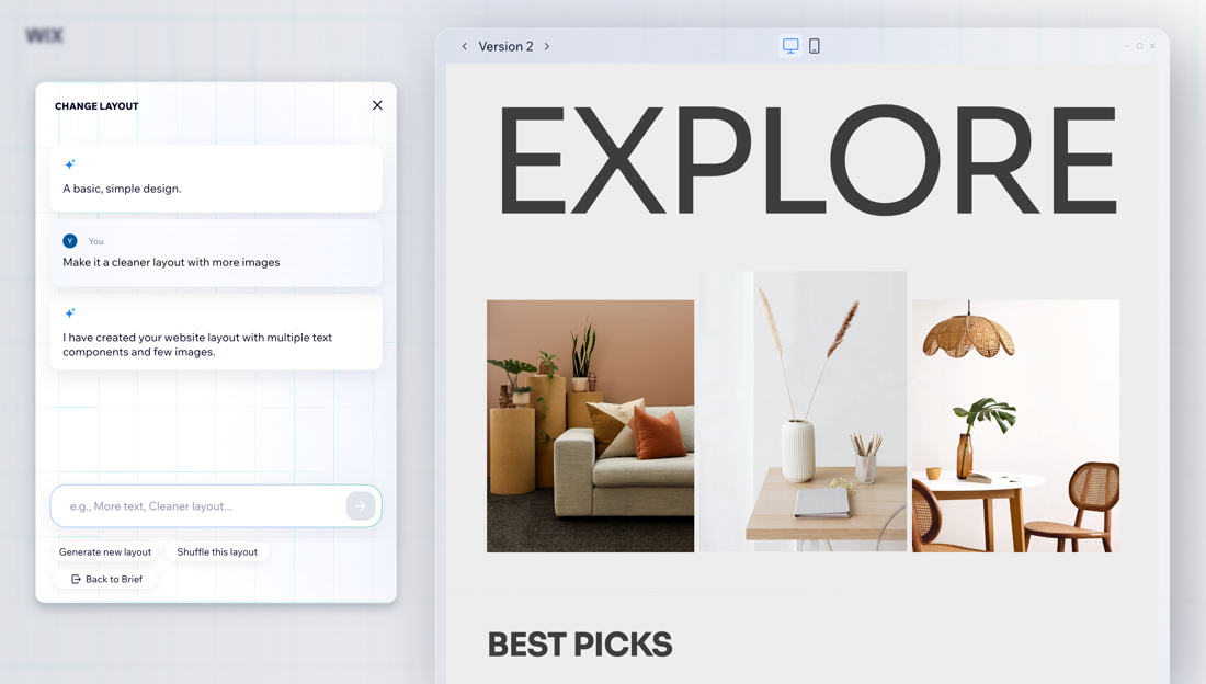 Tampilan Wix AI Builder dengan editor Harmony dan agen AI Aria untuk membuat website lewat prompt