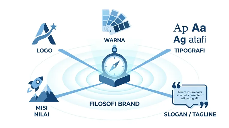 Apa itu filosofi — diagram filosofi brand sebagai pusat yang menghubungkan logo, warna, tipografi, misi, dan nilai
