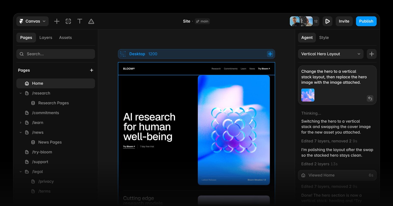 Framer AI builder menampilkan editor desain visual dengan tools Wireframer untuk generate layout