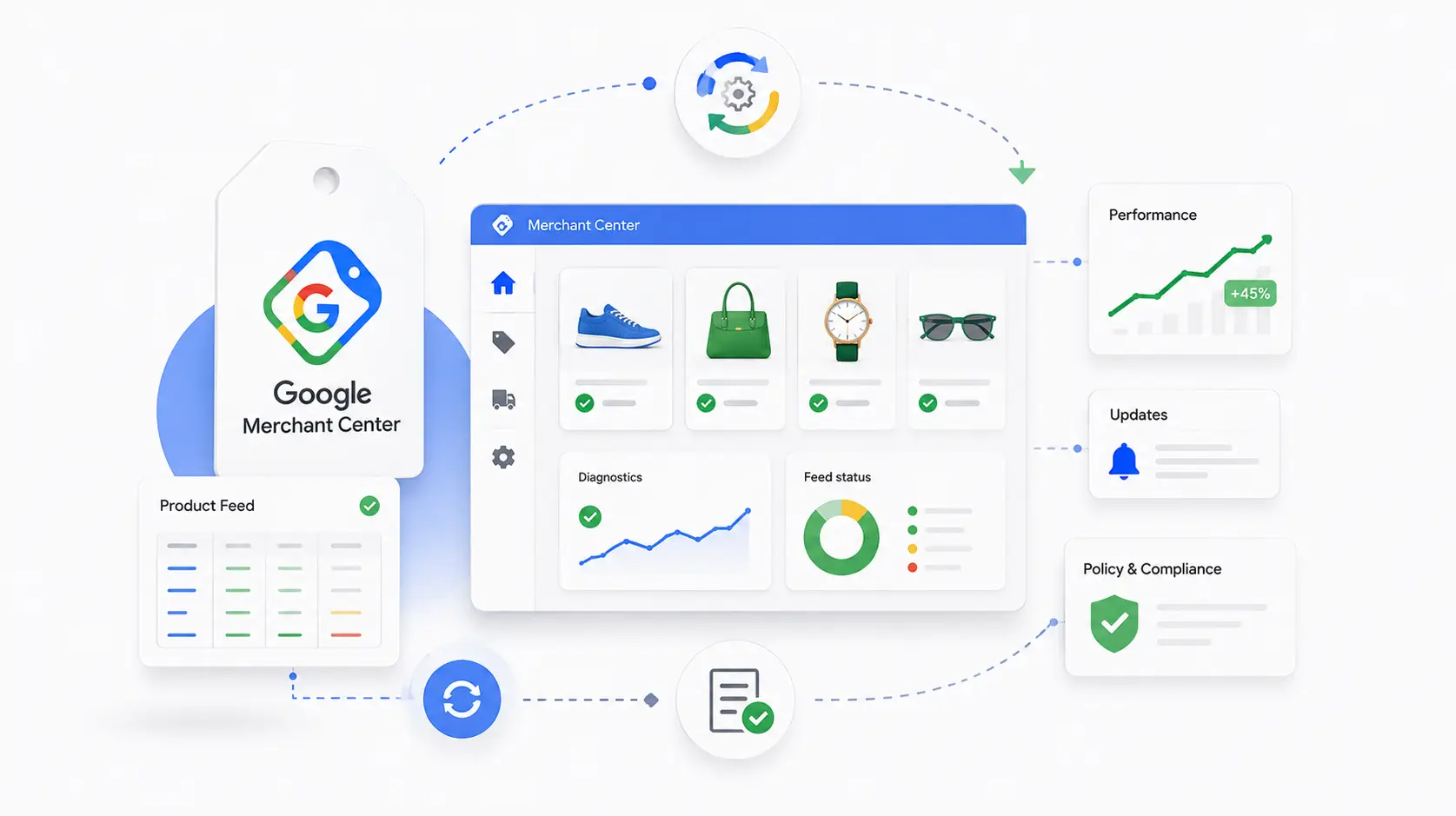 Alur lengkap Google Merchant Center: product feed, dashboard, performa, dan kepatuhan kebijakan