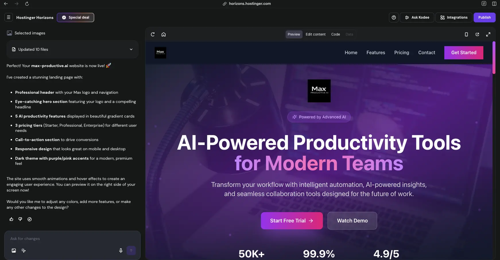 Antarmuka Hostinger Horizons, AI website builder berbasis chat dengan hosting dan domain satu paket