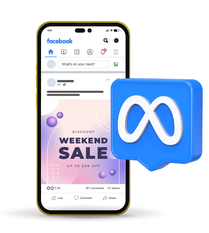 Contoh iklan Meta Ads di feed Facebook pada smartphone dengan logo Meta
