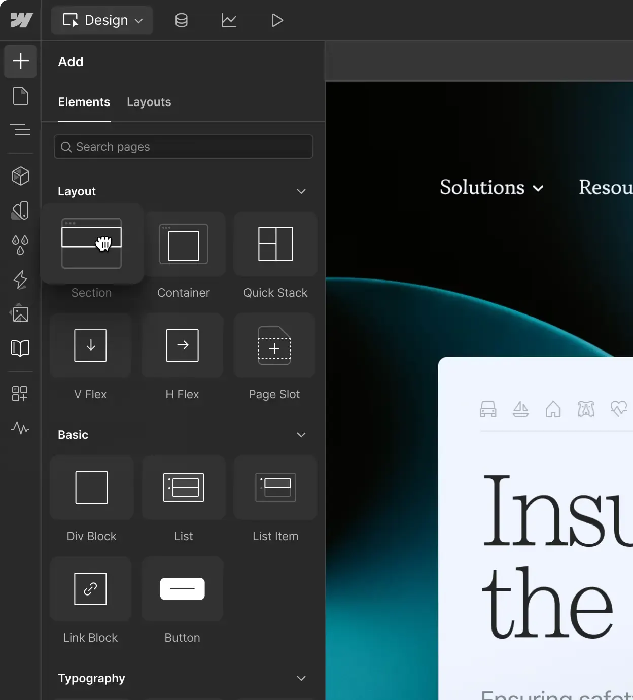 Tampilan panel Add di Webflow Designer berisi elemen Section, Container, Quick Stack, V Flex, H Flex, Div Block, List, dan Button yang dipakai menyusun halaman secara visual
