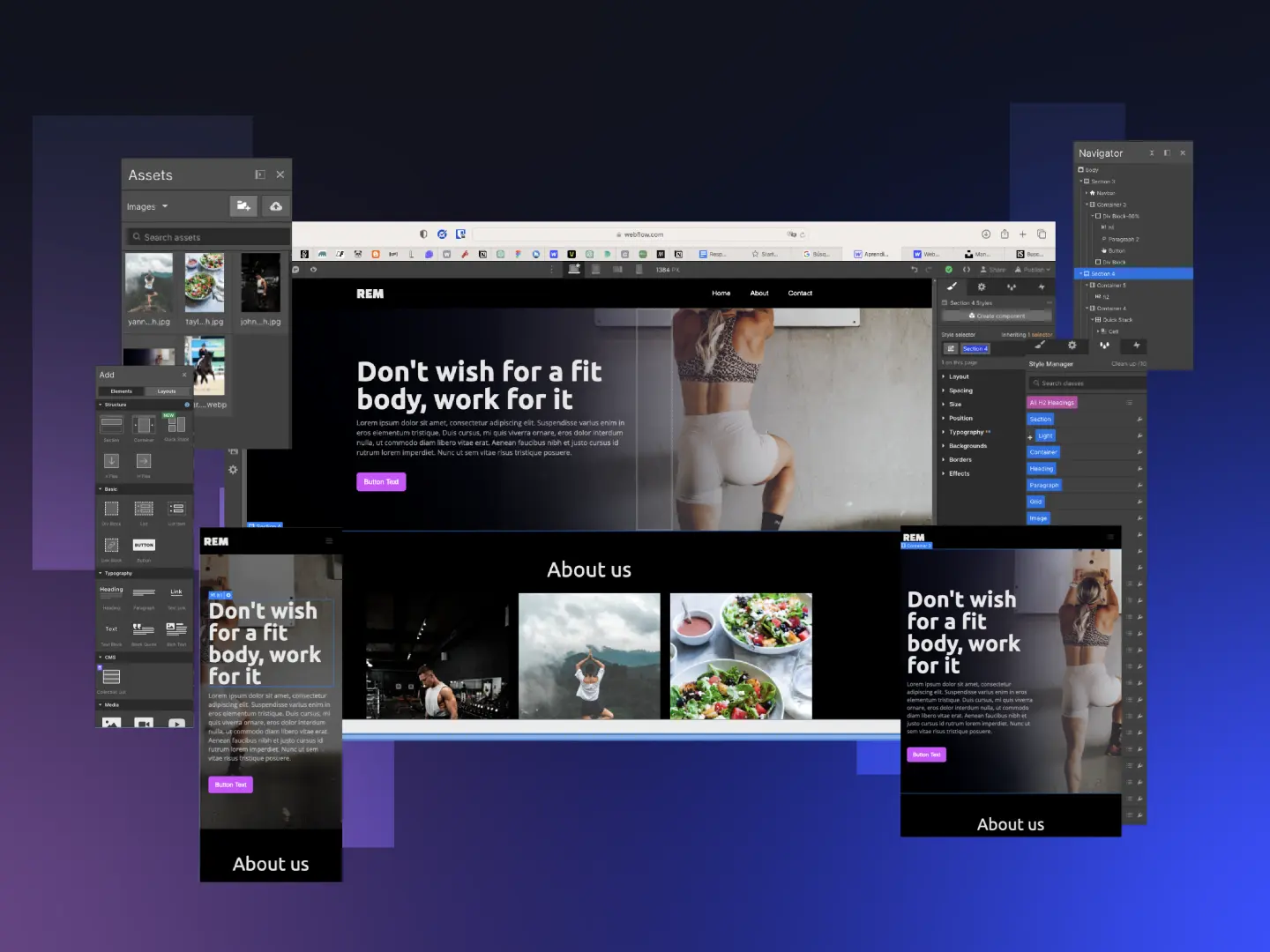 Webflow Designer menampilkan satu halaman yang dikerjakan serentak dalam tampilan desktop, tablet, dan mobile, lengkap dengan panel Assets, Navigator, dan Style Manager