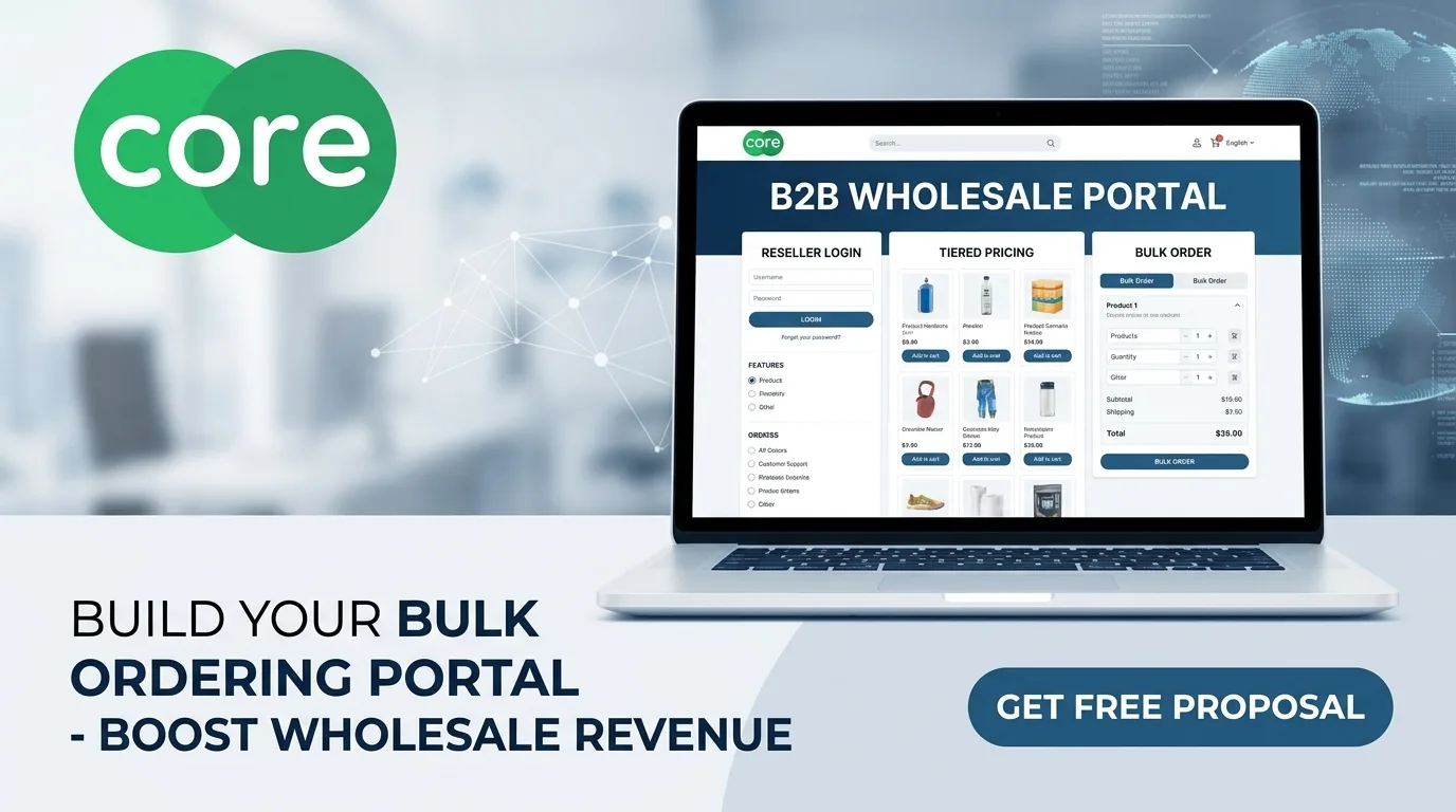 Jasa pembuatan website B2B wholesale Core Freelancers — portal bulk order dengan login reseller, harga bertingkat, dan pemesanan grosir