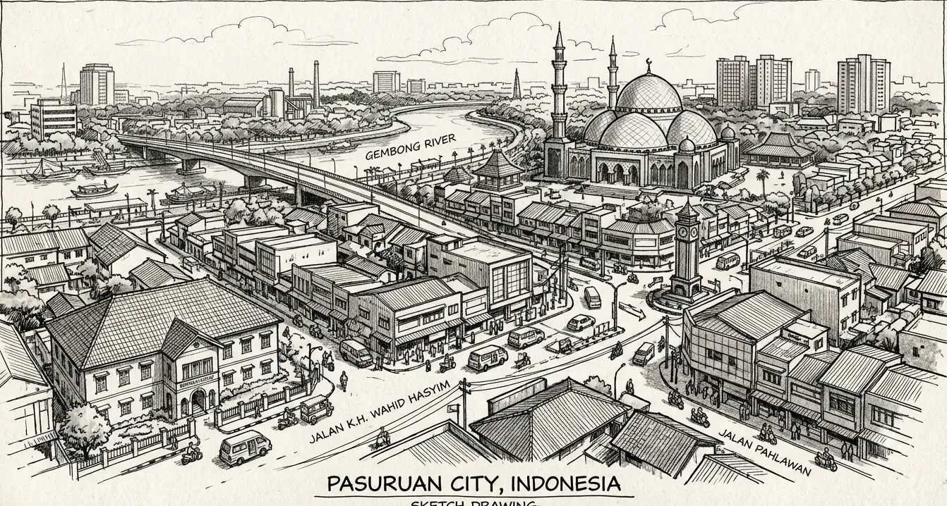 Ilustrasi sketsa panorama Kota Pasuruan dengan Masjid Jami Al-Anwar, alun-alun, dan latar Gunung Bromo