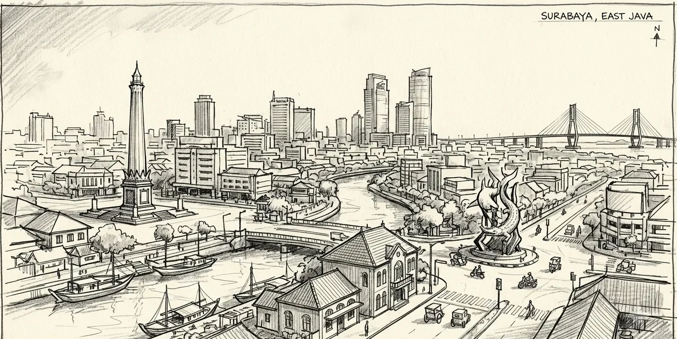 Ilustrasi sketsa panorama Kota Surabaya dengan Tugu Pahlawan, Monumen Suro dan Boyo, Jembatan Suramadu dan kawasan Kalimas