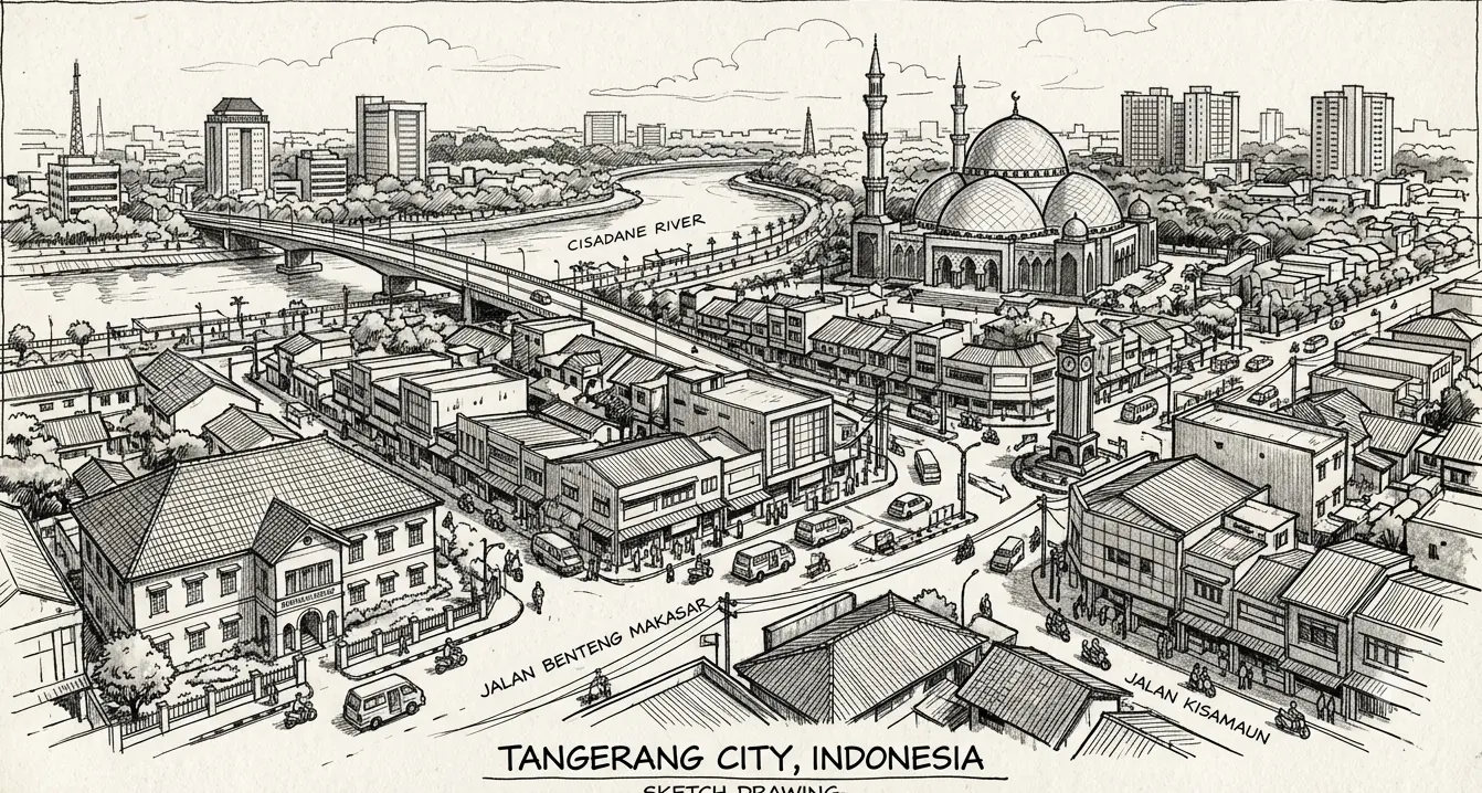 Ilustrasi sketsa panorama Kota Tangerang dengan Sungai Cisadane, Masjid Raya Al-Azhom, dan kawasan Jalan Kisamaun