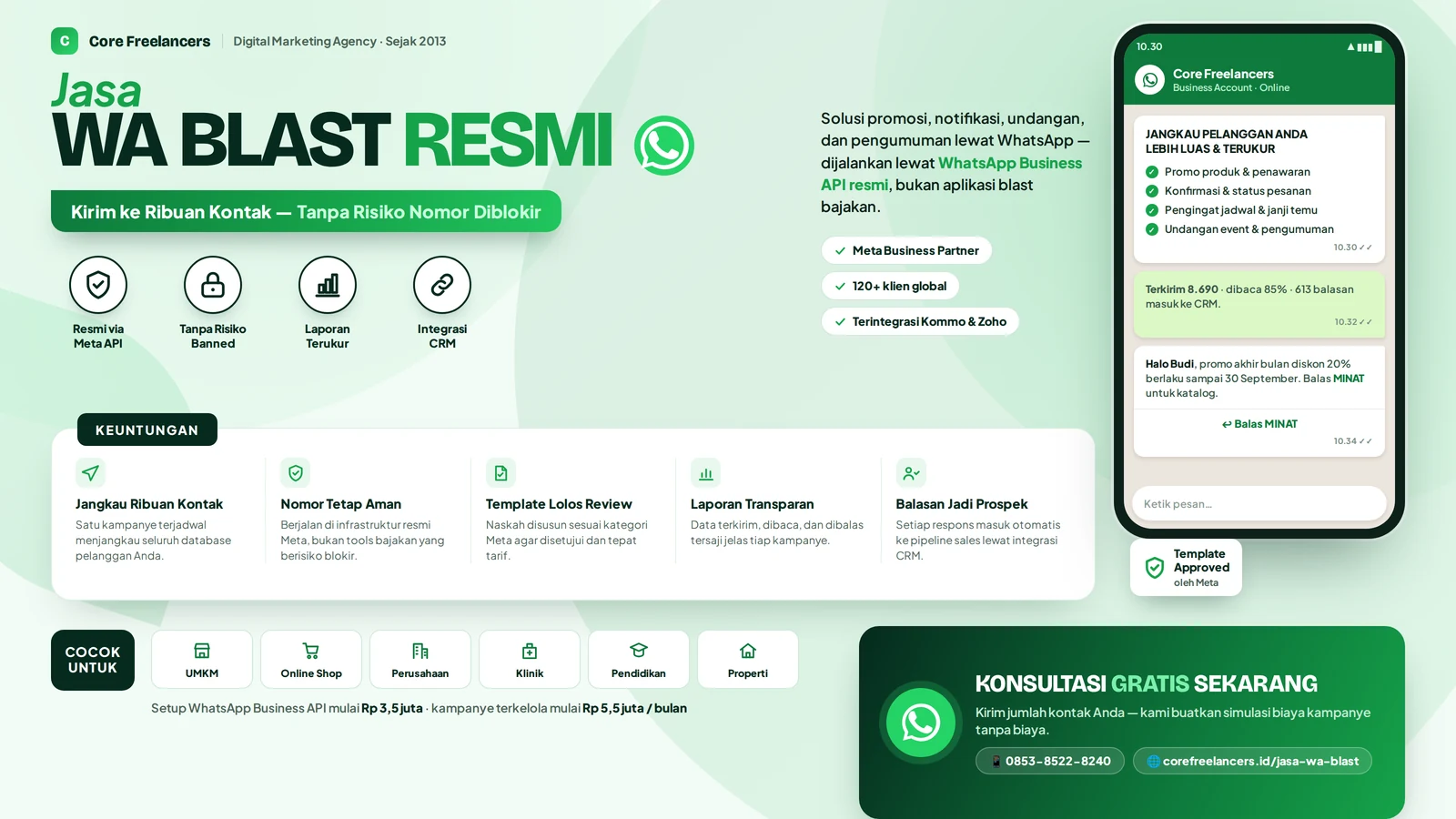 Jasa WA Blast resmi Core Freelancers lewat WhatsApp Business API — kirim ke ribuan kontak tanpa risiko nomor diblokir