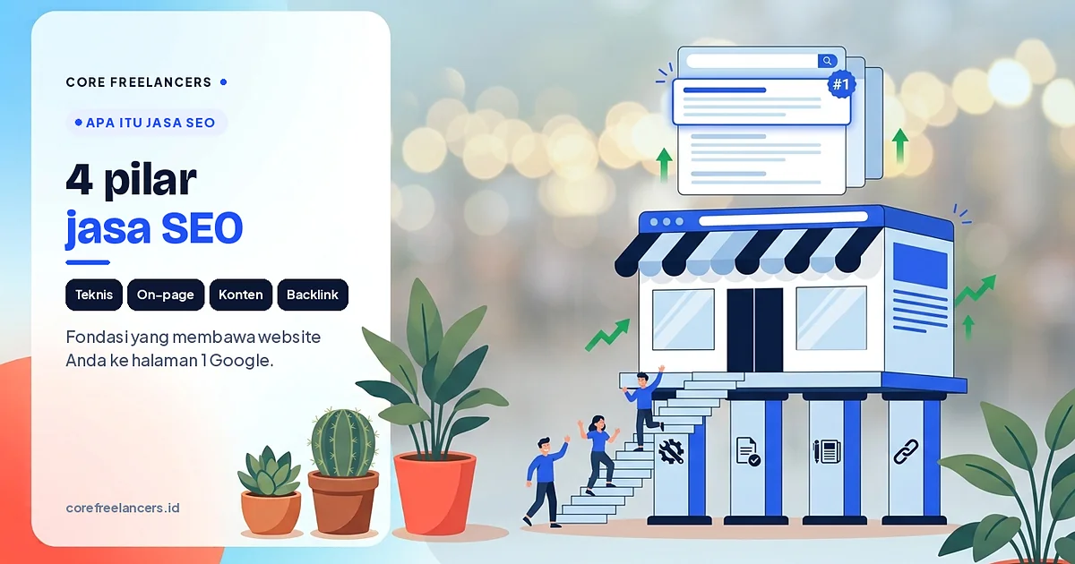 Empat pilar jasa SEO: perbaikan teknis, optimasi on-page, konten, dan backlink untuk ranking #1 Google