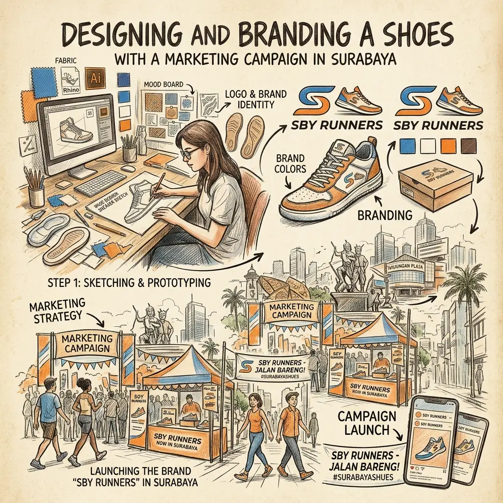 Ilustrasi proses branding dan creative agency di Surabaya: sketsa desain produk, mood board, logo dan brand identity, warna brand, packaging, sampai peluncuran campaign marketing di kawasan Tunjungan Surabaya