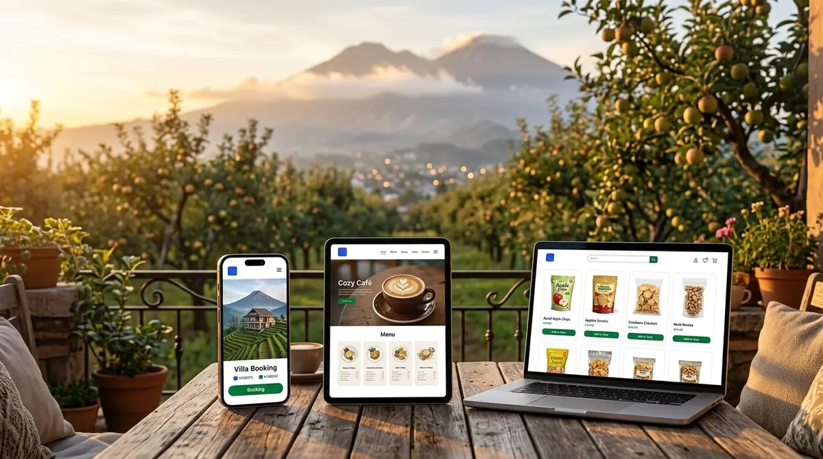 Ilustrasi website bisnis Malang di ponsel, tablet, dan laptop — booking villa, menu kafe, dan toko oleh-oleh — dengan latar kebun apel dan pegunungan Batu