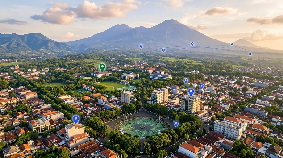 Ilustrasi pemandangan udara Kota Malang dengan alun-alun, kampus, dan pegunungan, ditandai pin lokasi digital yang menggambarkan pencarian lokal
