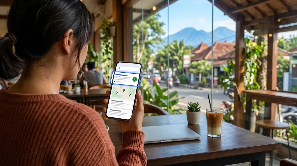 Ilustrasi pengunjung kafe di Malang mencari di ponsel, dengan hasil iklan teratas dan tombol telepon disorot, berlatar pegunungan