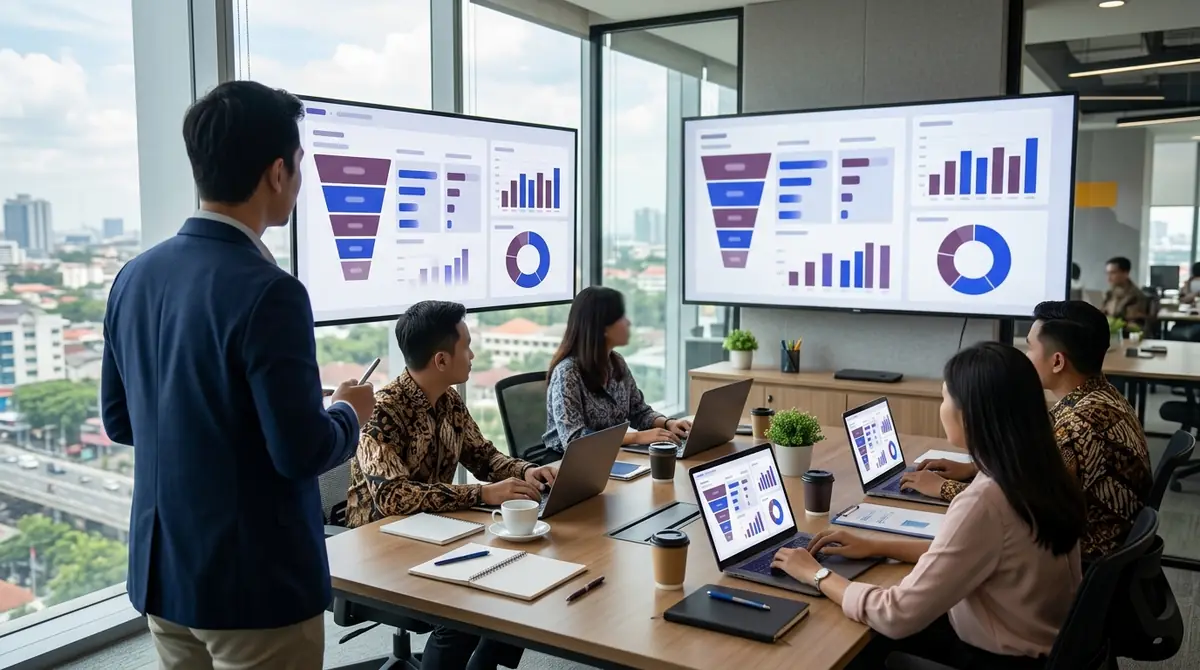 Ilustrasi konsultan memberikan pelatihan ERP kepada tim perusahaan di ruang rapat, dengan dashboard pipeline dan grafik di layar besar