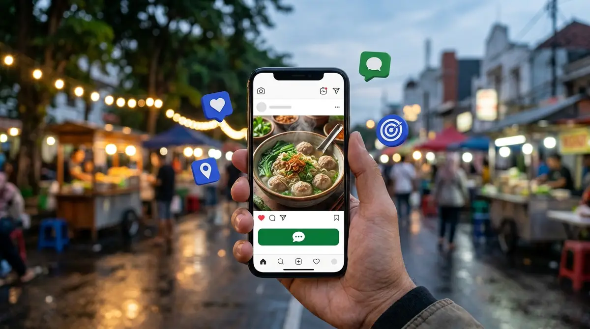 Ilustrasi tangan memegang ponsel yang menampilkan iklan bakso dengan tombol chat, berlatar pasar kuliner malam di Malang
