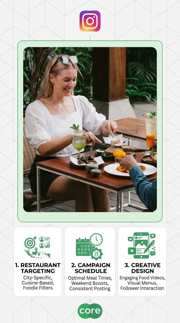 Jasa Instagram Ads restoran Core Freelancers — restaurant targeting, campaign schedule, dan creative design untuk kampanye kuliner