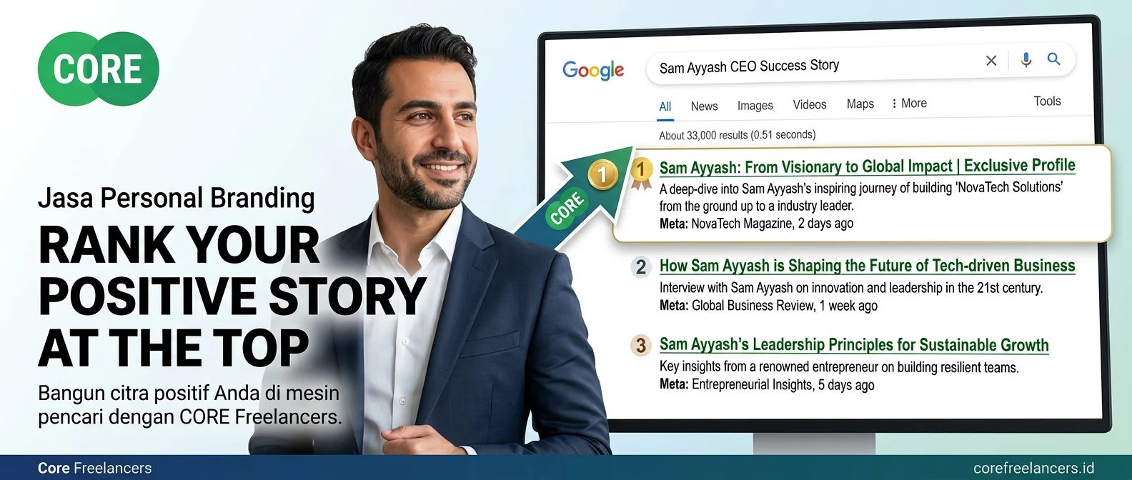 Jasa personal branding di Google — profil dan prestasi positif menempati peringkat 1 hasil pencarian nama