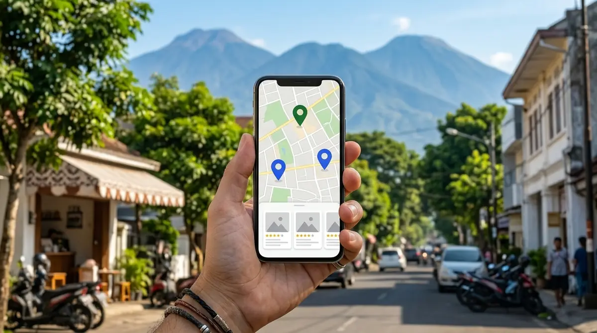 Ilustrasi tangan memegang ponsel yang menampilkan peta dengan pin lokasi bisnis, di jalan kota Malang berlatar pegunungan