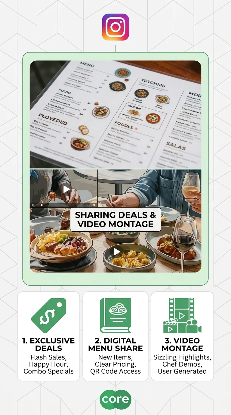 Konten Instagram restoran: promo eksklusif, menu digital dengan akses QR code, dan video montase highlight makanan