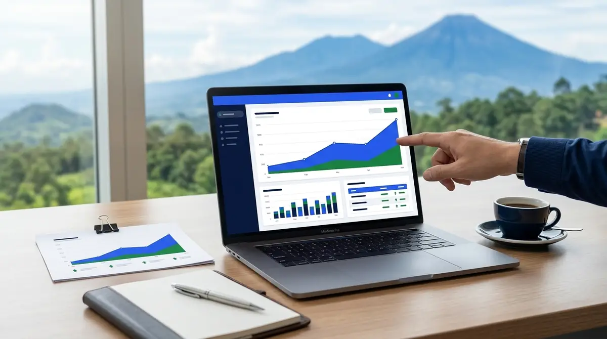 Ilustrasi dashboard laporan SEO bulanan di laptop dengan grafik trafik yang naik, dengan latar pegunungan