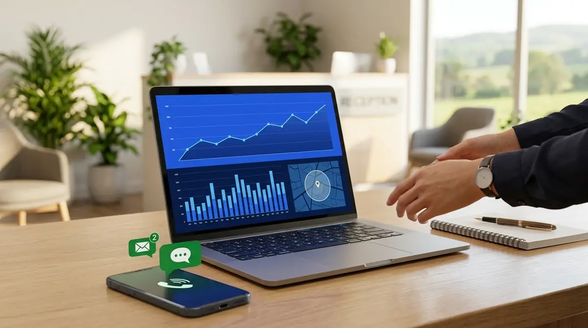Ilustrasi dashboard iklan di laptop dengan grafik klik yang naik dan peta radius lokasi, di samping ponsel dengan notifikasi telepon dan chat masuk