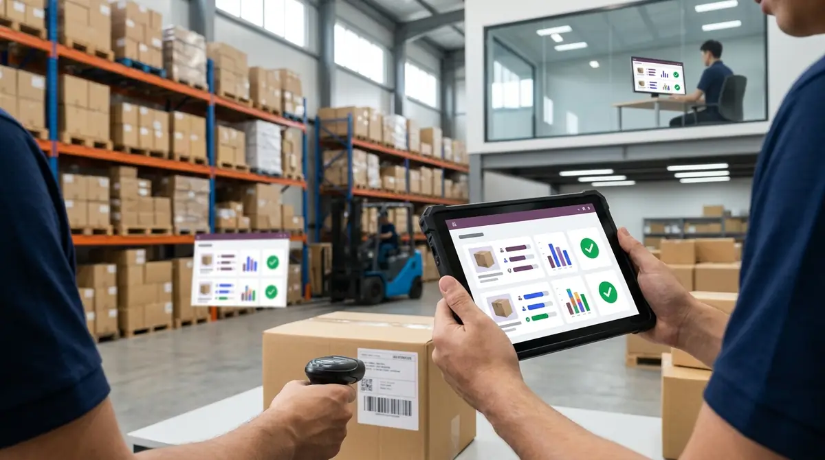 Ilustrasi staf gudang distributor memindai barcode dan memeriksa stok di tablet, sementara kantor di lantai atas melihat dashboard yang sama