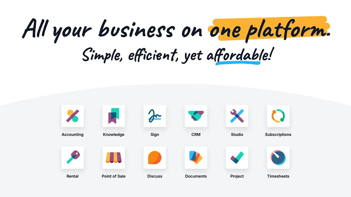 Odoo ERP: semua aplikasi bisnis dalam satu platform — Accounting, Knowledge, Sign, CRM, Studio, Subscriptions, Rental, Point of Sale, Discuss, Documents, Project, dan Timesheets