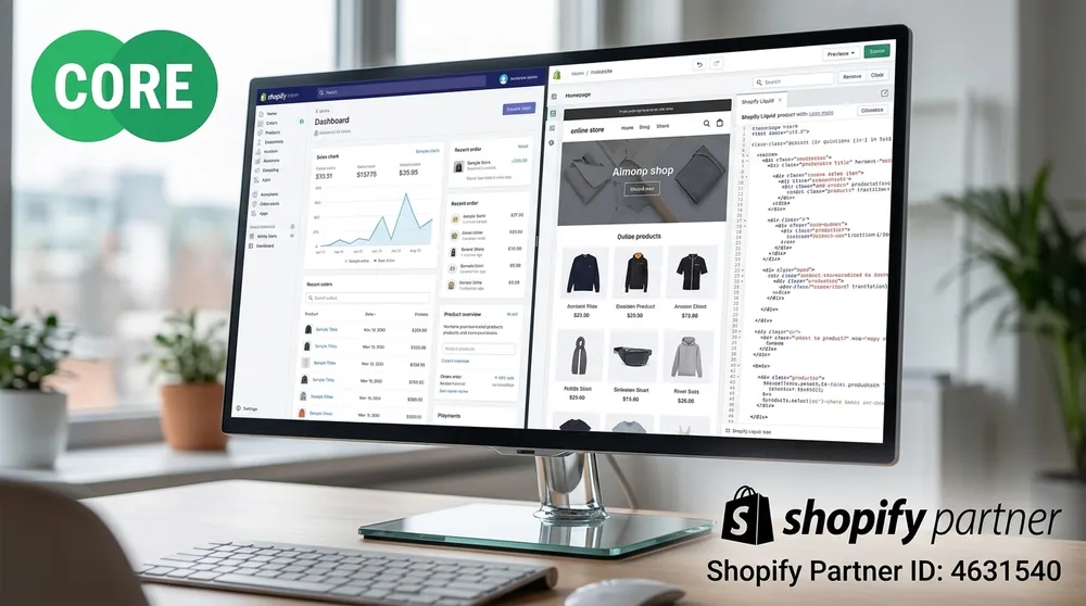 Shopify development: dashboard penjualan, editor tema, dan kode Liquid — Core Freelancers, Shopify Partner ID 4631540