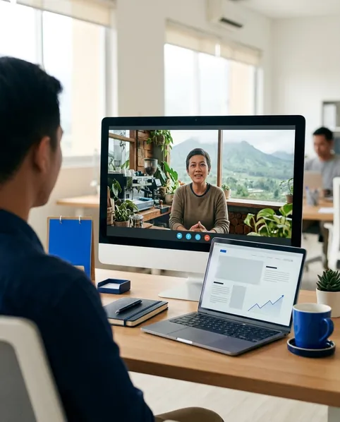 Ilustrasi anggota tim Core Freelancers melakukan meeting online dengan klien pemilik kafe di Malang