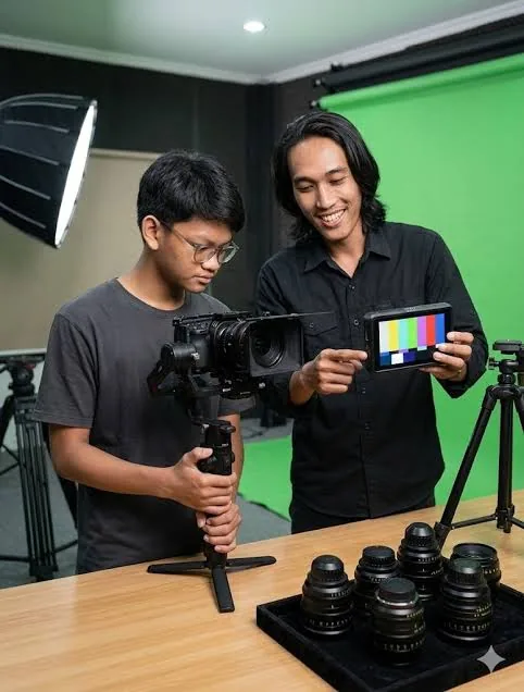 Daniel dan Abd, videografer in-house Core Freelancers, menyiapkan kamera gimbal dan memeriksa monitor di studio produksi Surabaya
