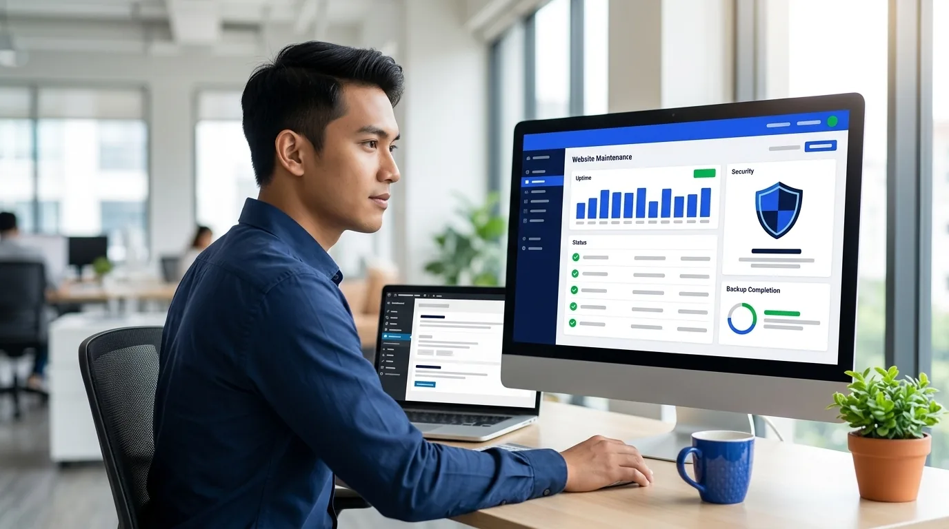 Web maintenance adalah perawatan rutin website: developer memantau update, backup, dan keamanan website di dashboard