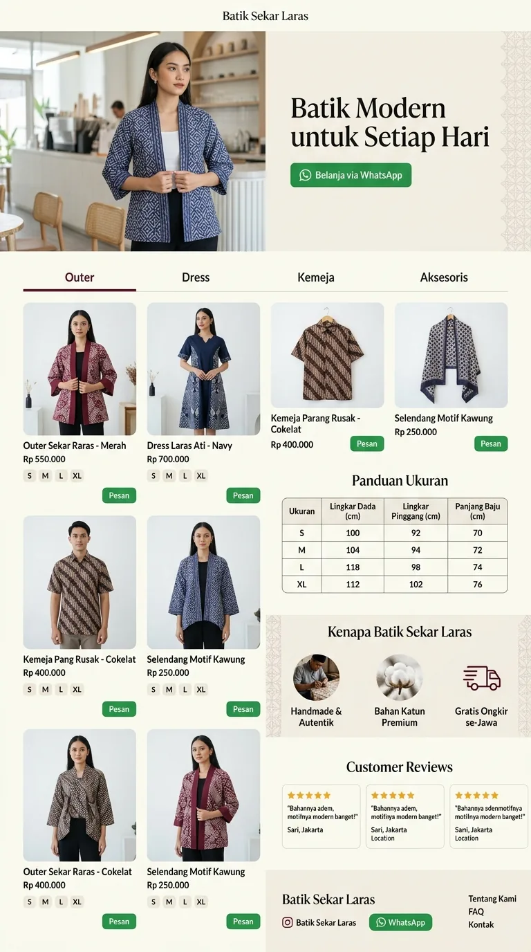 Contoh landing page fashion & toko online — template Batik Sekar Laras (Paket Produk)