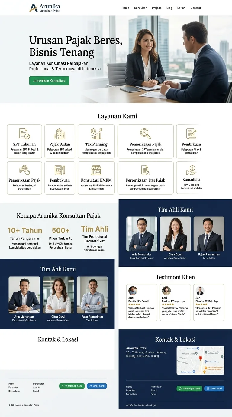 Contoh landing page konsultan & jasa profesional — template Arunika Konsultan Pajak (Company Profile)