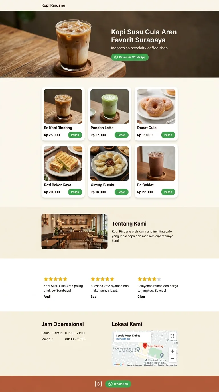 Contoh landing page kafe & restoran — template Kopi Rindang (Paket Produk)