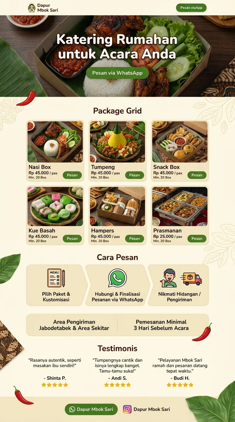 Contoh landing page katering & kue rumahan — template Dapur Mbok Sari (Paket Produk)