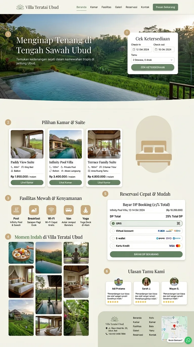 Contoh landing page villa & guesthouse — template Villa Teratai Ubud (Paket Payment)