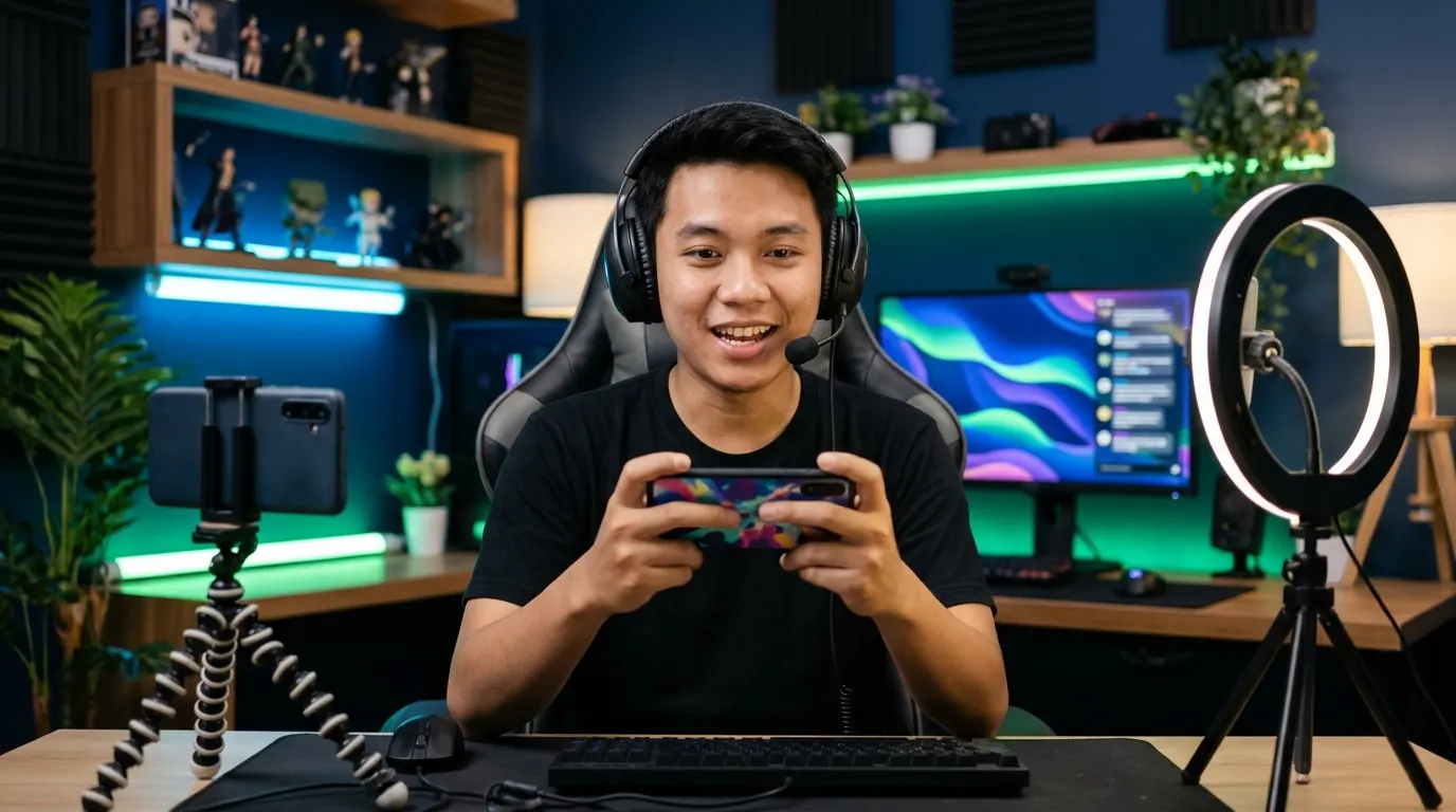Kreator konten game Indonesia sedang live streaming game mobile dari studio rumahan, contoh kampanye influencer game
