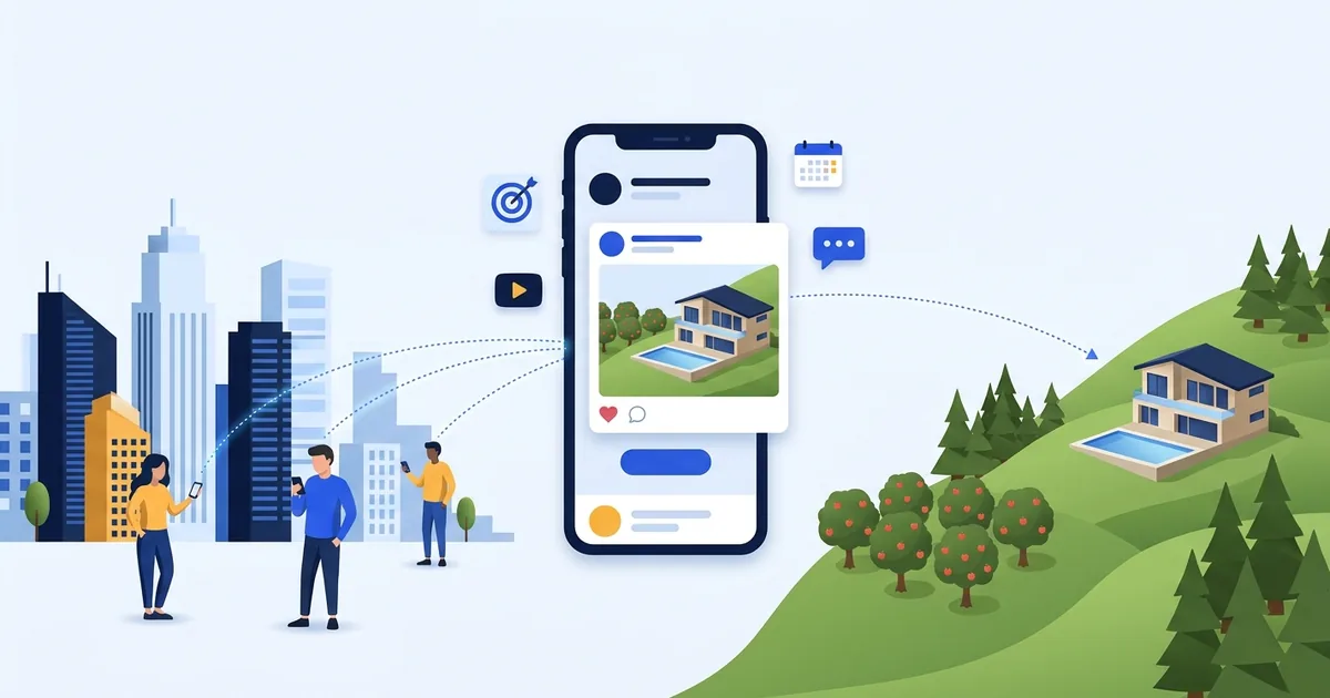 Ilustrasi iklan Instagram dan Facebook untuk villa dan tempat wisata di Kota Batu yang menjangkau calon wisatawan dari kota lain