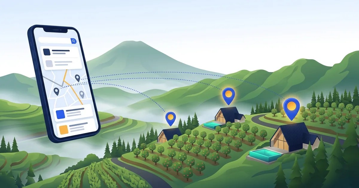 Ilustrasi Kota Batu dengan perbukitan, kebun apel, dan villa, dengan pin lokasi pencarian Google dari wisatawan