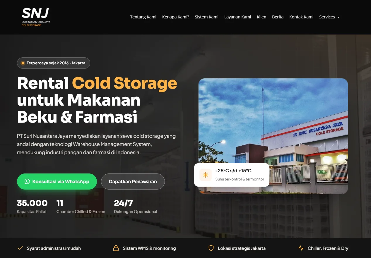 Halaman utama website SNJ Cold Storage (surinusantaracoldstorage.com): rental cold storage untuk makanan beku dan farmasi