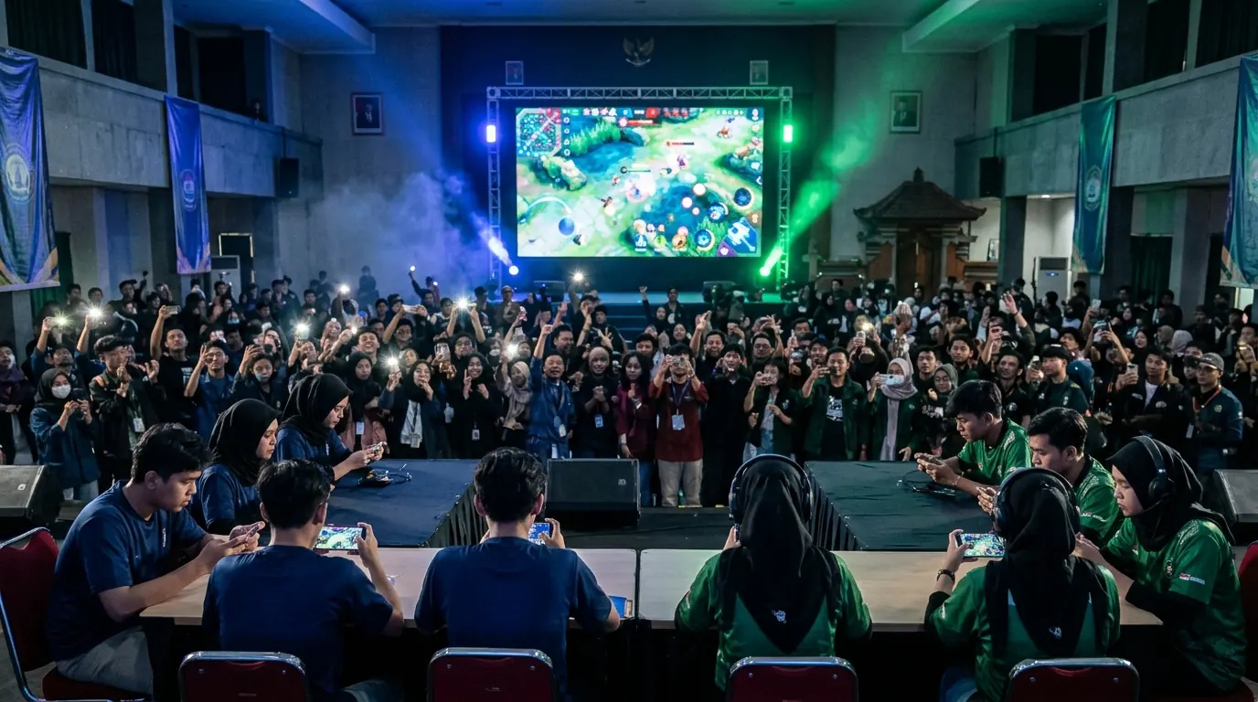 Turnamen esports komunitas game mobile di Indonesia dengan pemain muda bertanding di depan penonton
